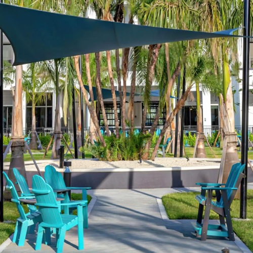 a group of chairs on a patio